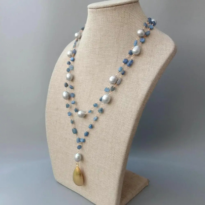 Unique Gray Freshwater Pearls and Blue Kyanite Stones Necklace