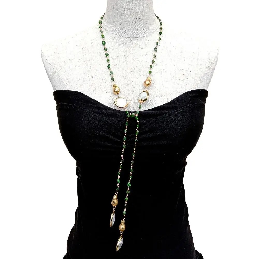 Sophisticated Green Diopside Long Necklace with White Coin Pearls