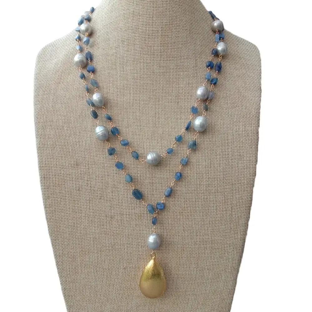 Unique Gray Freshwater Pearls and Blue Kyanite Stones Necklace