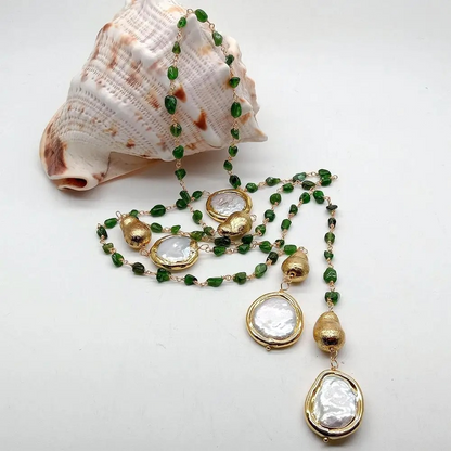 Sophisticated Green Diopside Long Necklace with White Coin Pearls