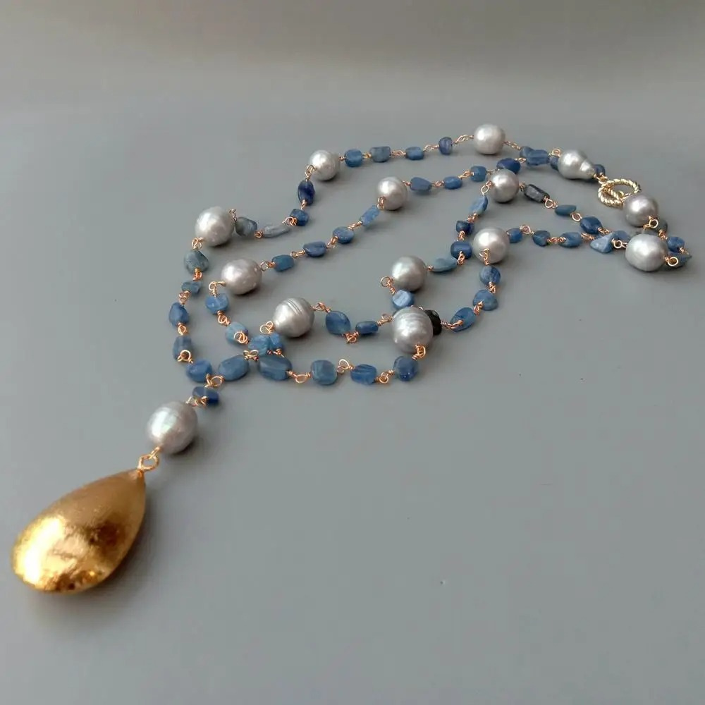 Unique Gray Freshwater Pearls and Blue Kyanite Stones Necklace