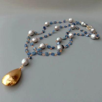 Unique Gray Freshwater Pearls and Blue Kyanite Stones Necklace