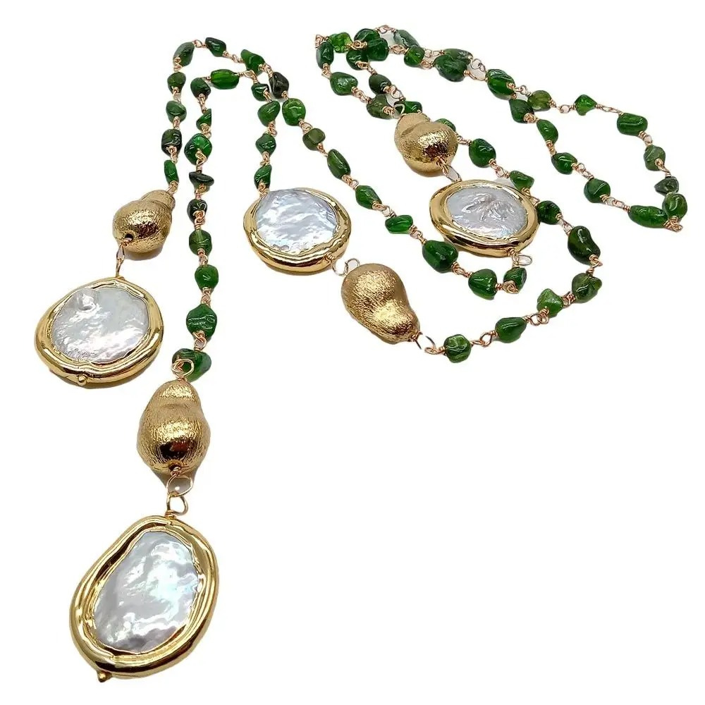 Sophisticated Green Diopside Long Necklace with White Coin Pearls