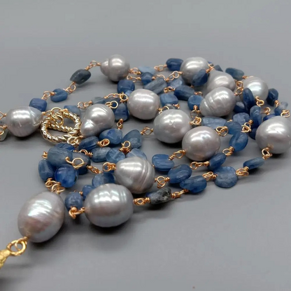 Unique Gray Freshwater Pearls and Blue Kyanite Stones Necklace