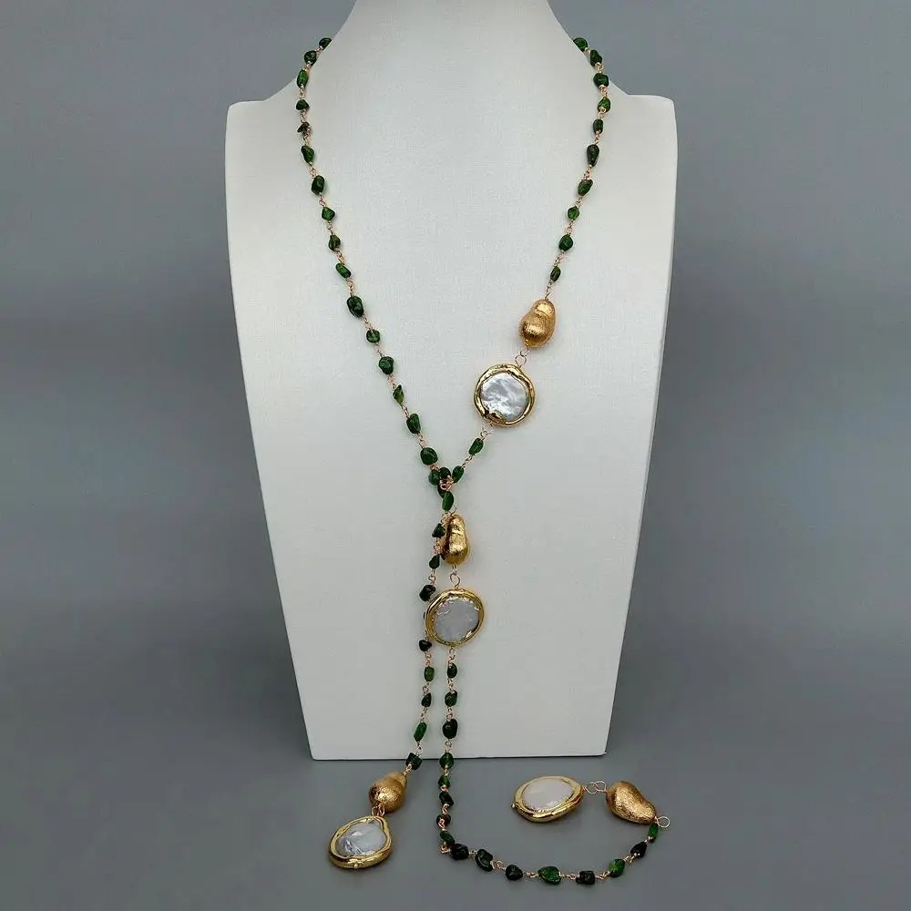 Sophisticated Green Diopside Long Necklace with White Coin Pearls