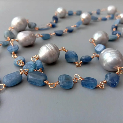 Unique Gray Freshwater Pearls and Blue Kyanite Stones Necklace