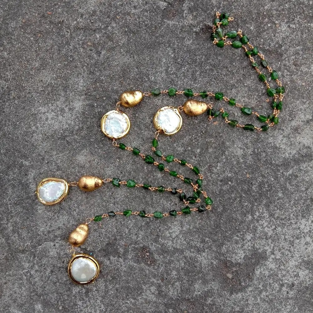 Sophisticated Green Diopside Long Necklace with White Coin Pearls