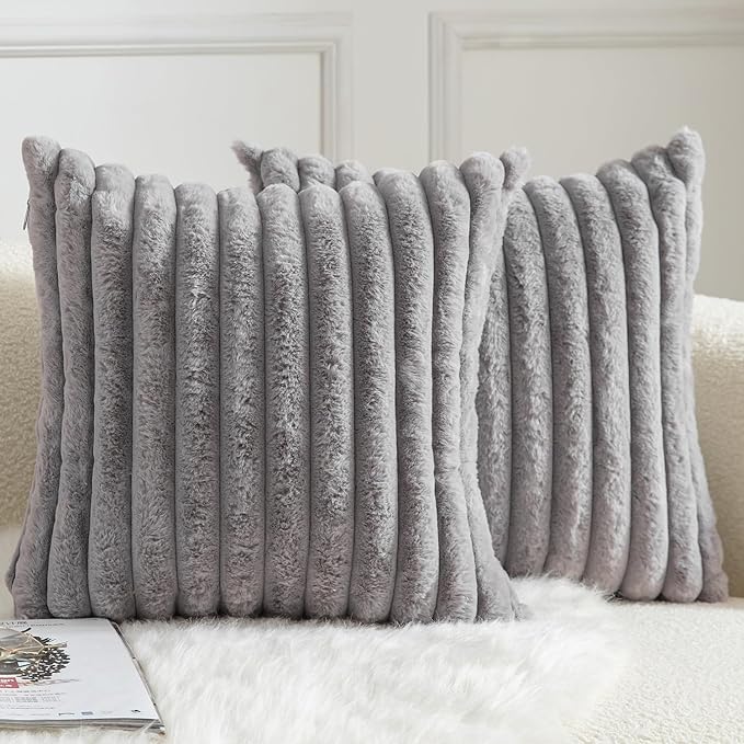 Fluffy Throw Pillow Grey Case (2pcs)