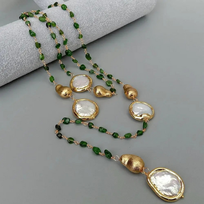 Sophisticated Green Diopside Long Necklace with White Coin Pearls