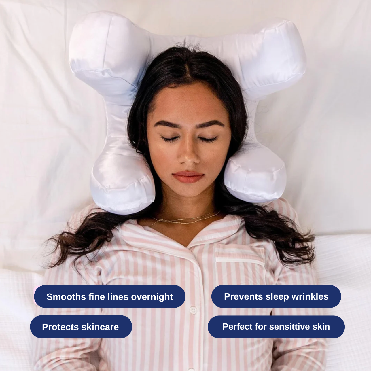 Woman lying on bed using getblissyneck Beauty Sleep Pillow to prevent sleep wrinkles and protect skincare