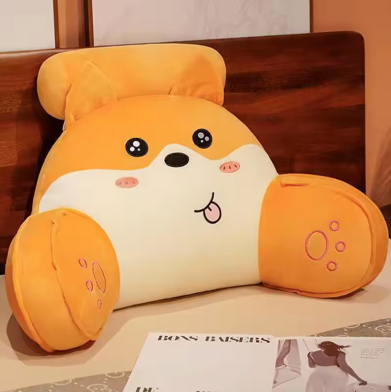Cute orange dog-shaped Bed Reading Lumbar Pillows with comfortable armrests for back support