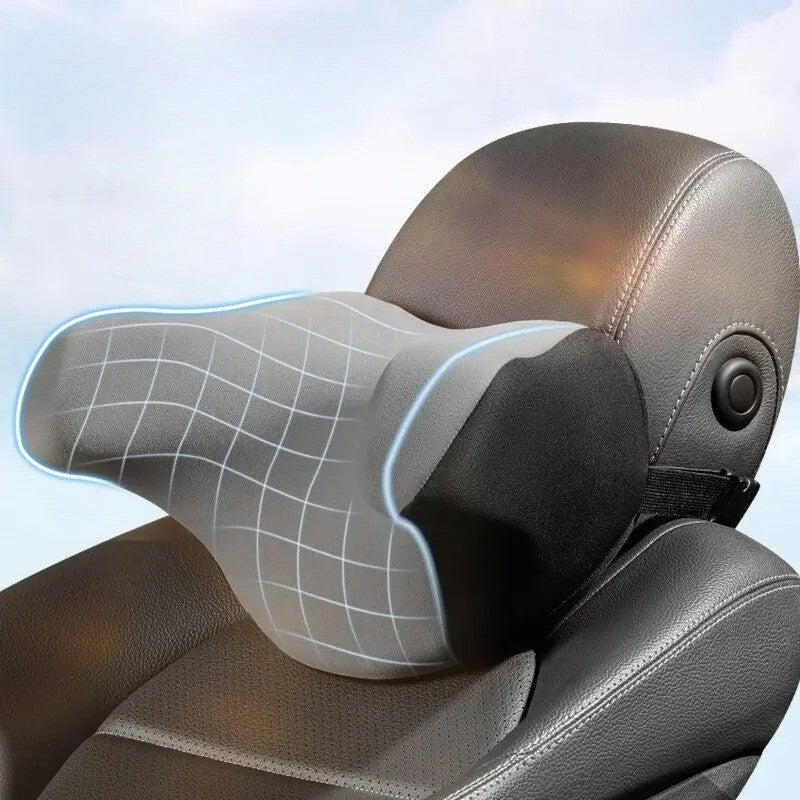 Ergonomic Car Neck Pillow attached to a black leather car seat headrest for neck support