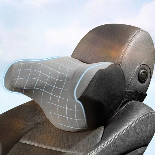Ergonomic Car Neck Pillow attached to a black leather car seat headrest for neck support