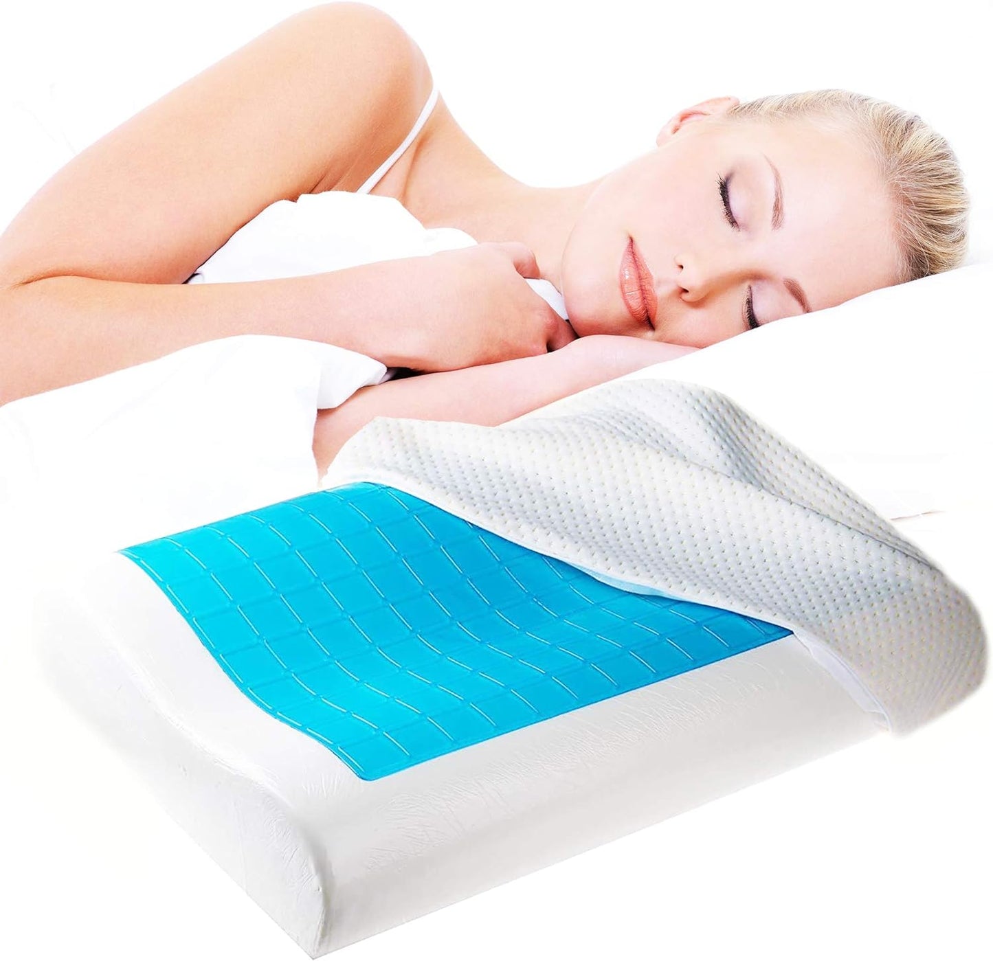 Woman sleeping on a Cooling Memory Foam Pillow with a blue cooling gel layer by getblissyneck
