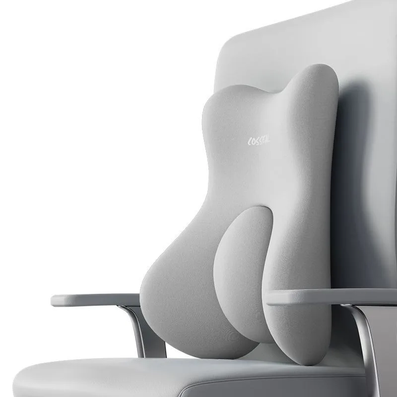Gray chair lumbar pillow designed for ergonomic support on office chair with armrests