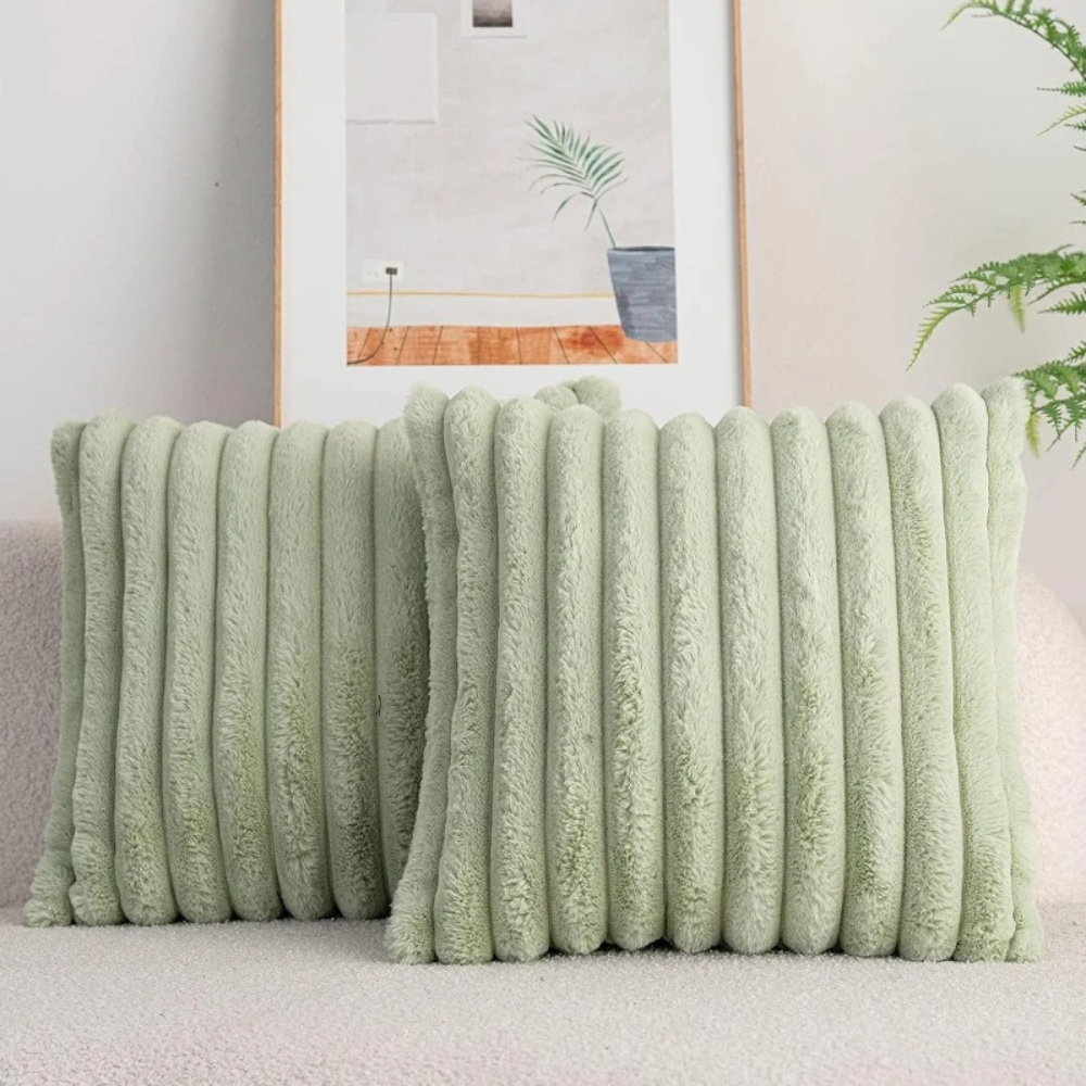 Fluffy Throw Pillow Green Case (2pcs)