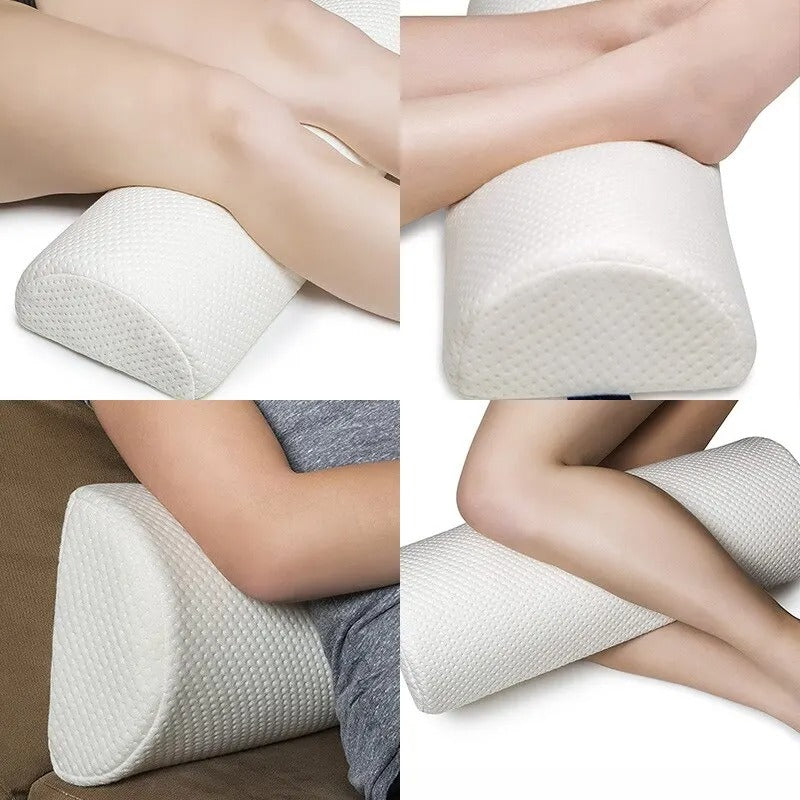 Leg Pillow for Elevation in white textured fabric shown supporting legs and knees in multiple positions