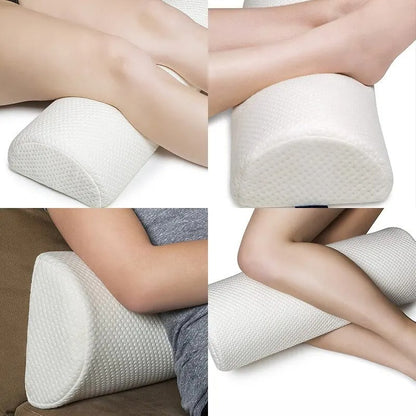 Leg Pillow for Elevation in white textured fabric shown supporting legs and knees in multiple positions