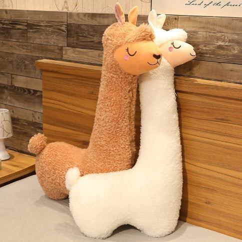 Soft llama shaped plush throw pillow in brown and white colors for cozy home decor