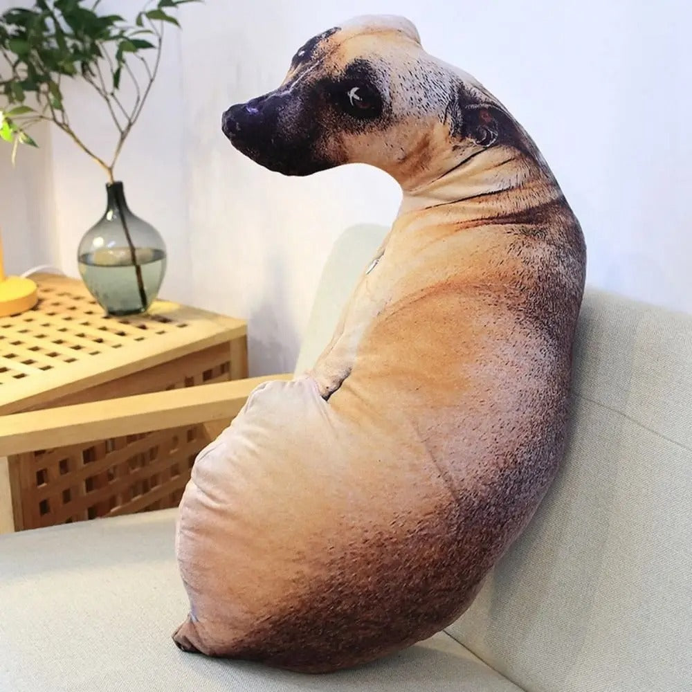 Realistic dog shaped throw pillow sitting on a light gray couch in a cozy living room