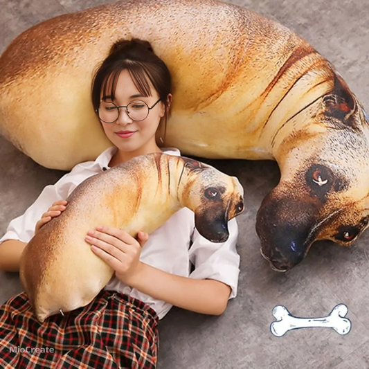 Woman holding and resting with dog-shaped throw pillow designed to look like a large sleeping dog