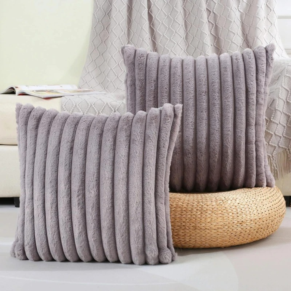 Soft plush throw pillow grey case with vertical ribbed texture for cozy home decor